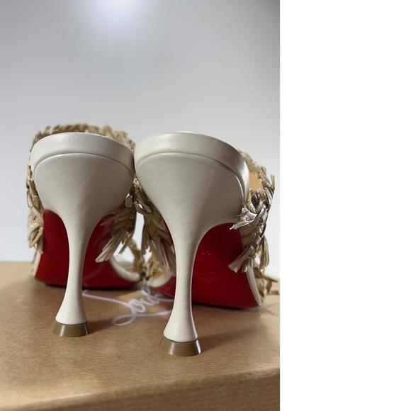 Meroine 85mm raffia Tan Woven fringe heels mules D985 - Picture 4 of 11